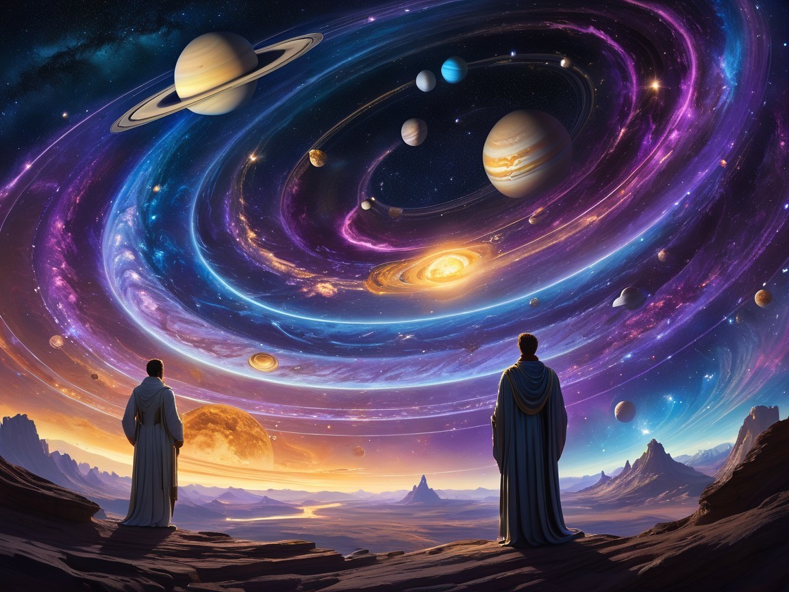Figures in Robes Overlooking a Colorful Cosmos