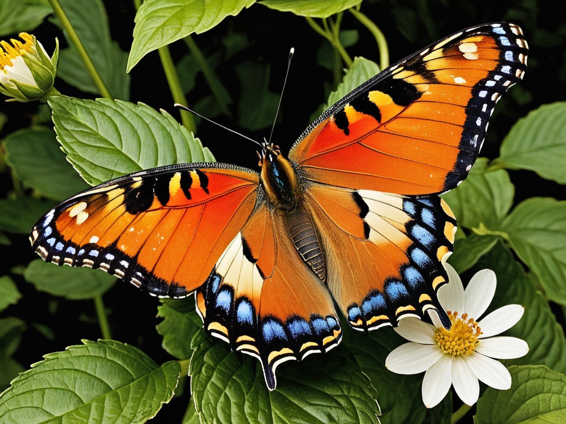 Vibrant Butterfly with Orange and Blue Wings on Foliage