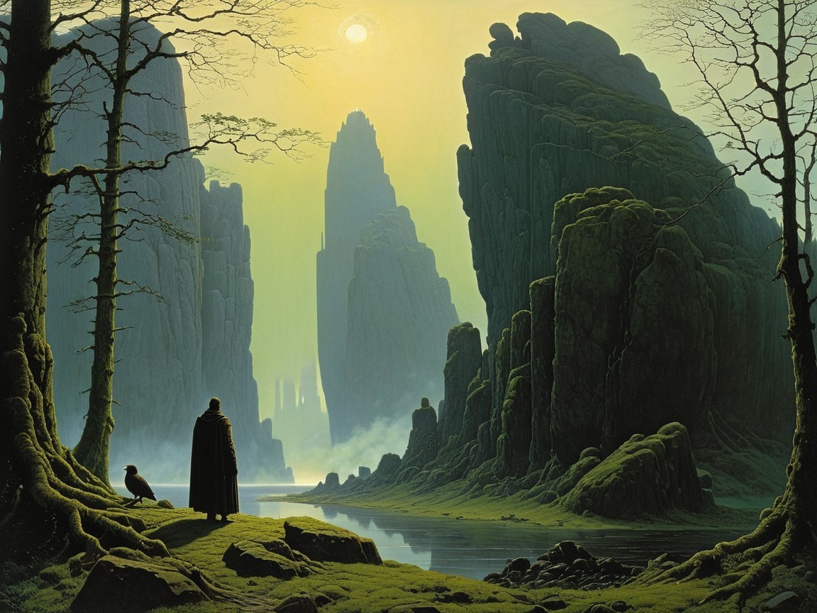 Solitary Figure by a Tranquil River Landscape