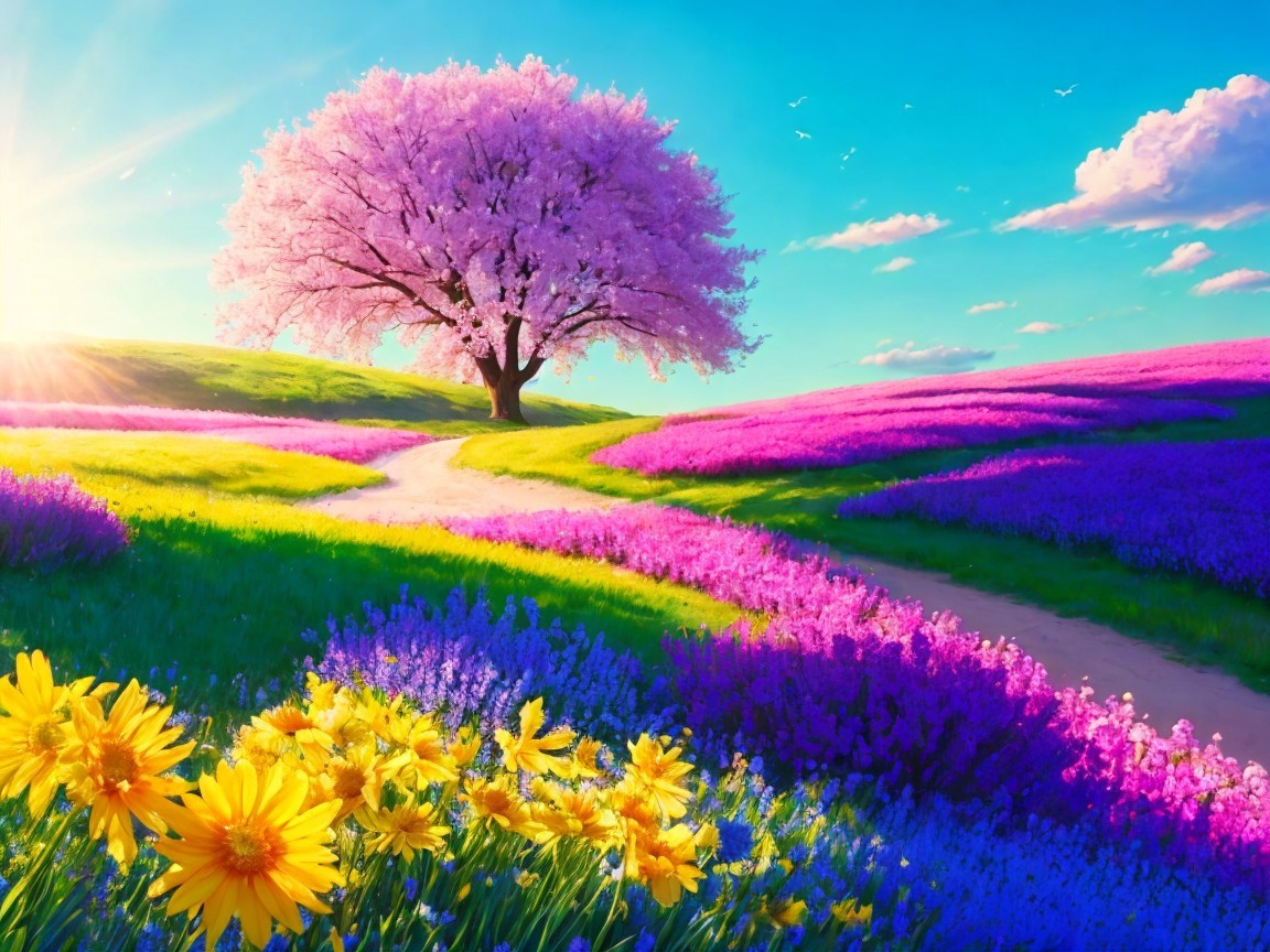 Vibrant Pink Tree in a Colorful Flower Landscape
