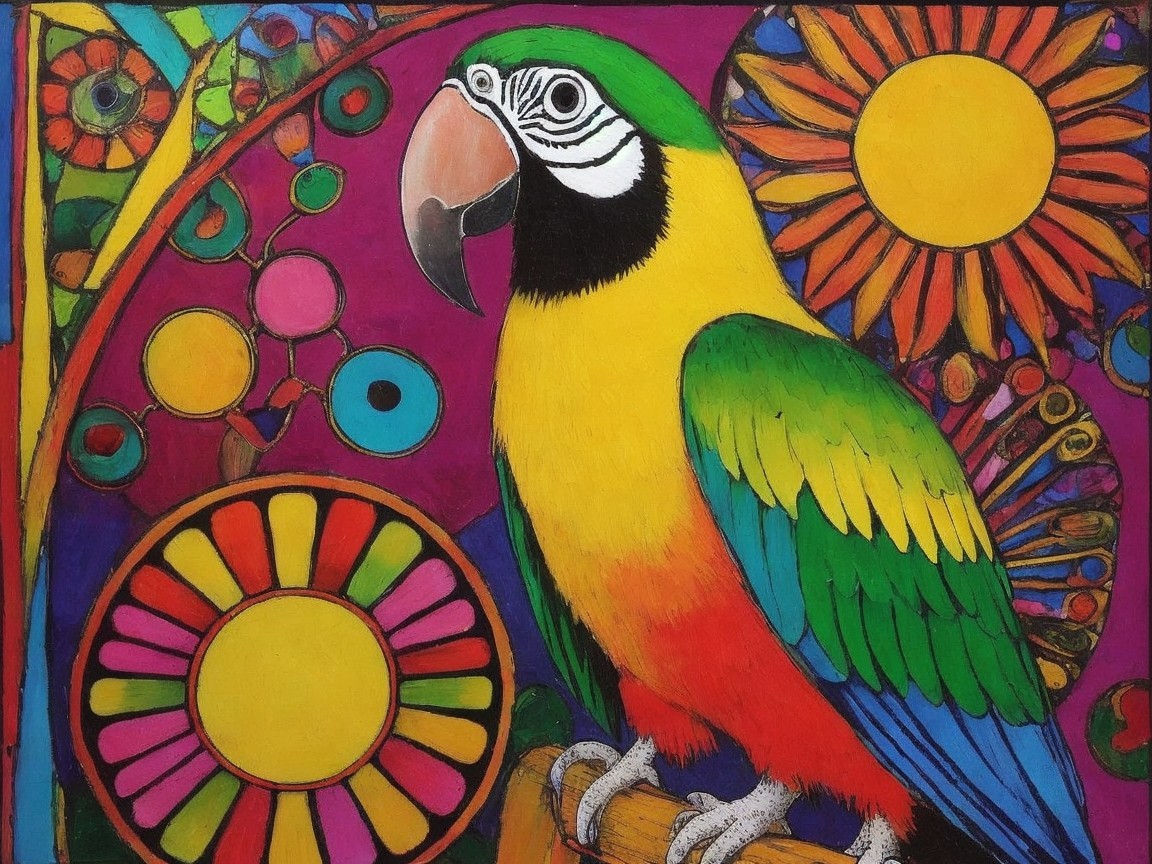 Colorful Parrot with Flower and Pattern Background
