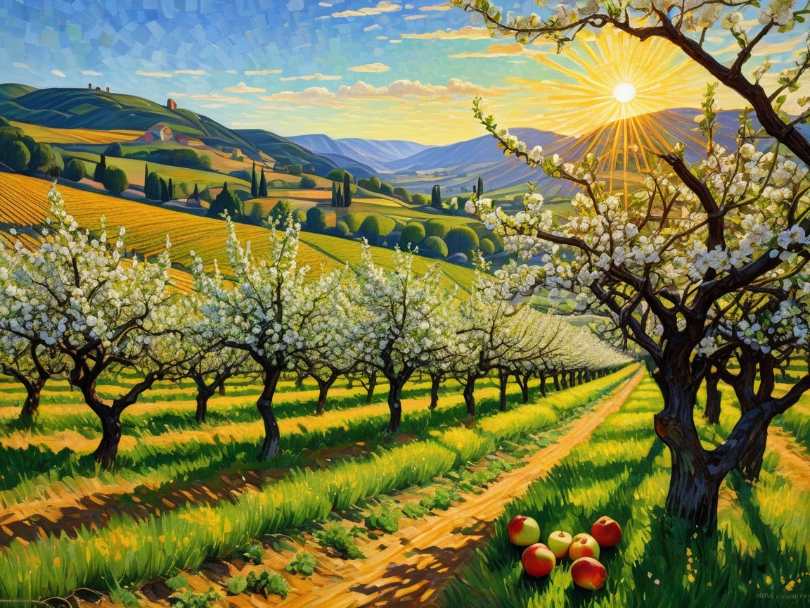 Vibrant Apple Orchard Landscape at Sunrise