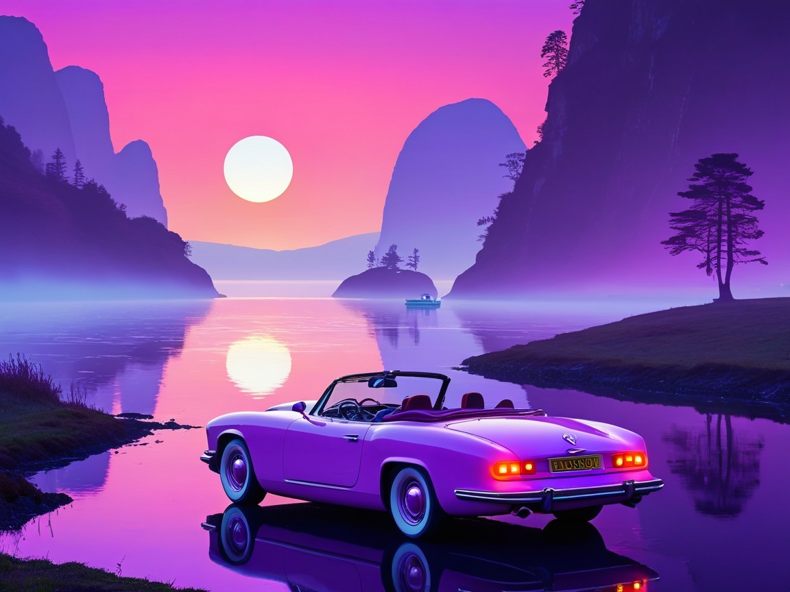 Vintage Pink Convertible by Serene Sunset Lake