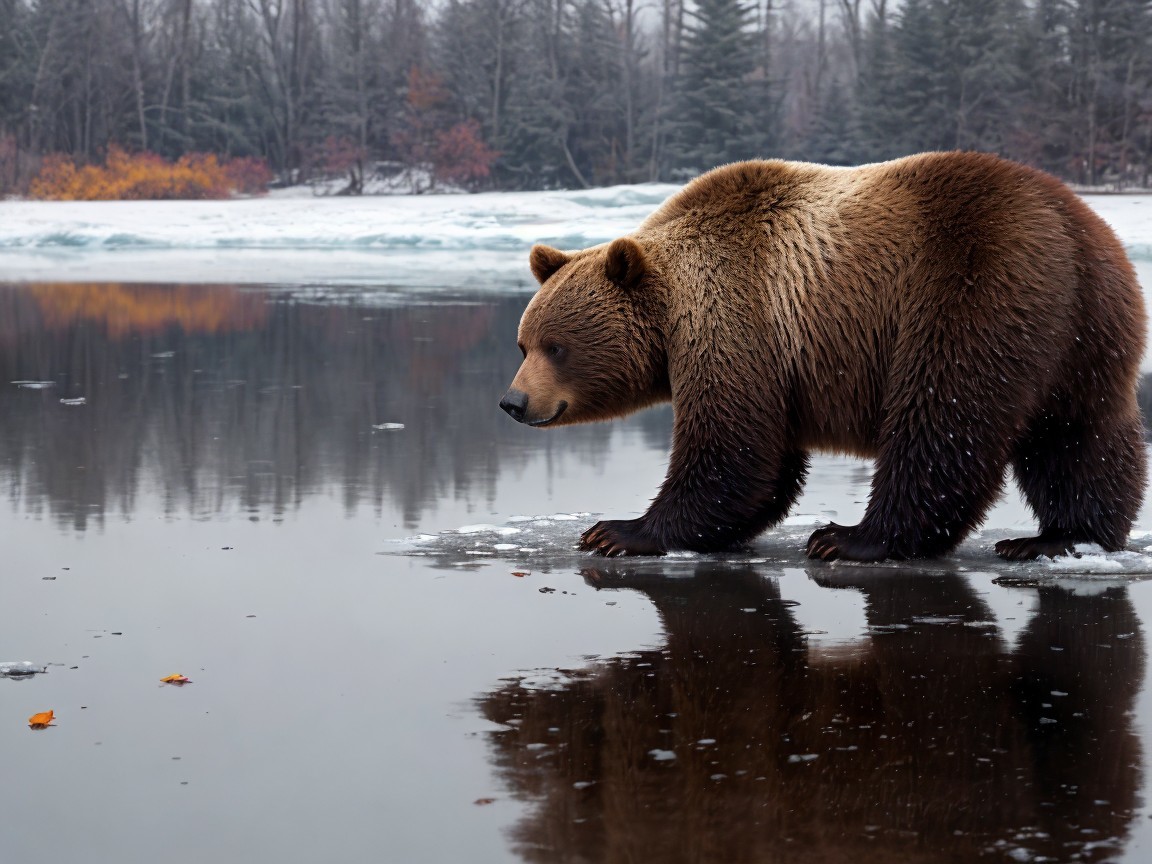 Majestic Brown Bear by a Partially Frozen Lake