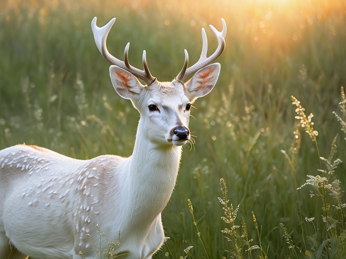 White Deer in a Lush Green Field at Sunset