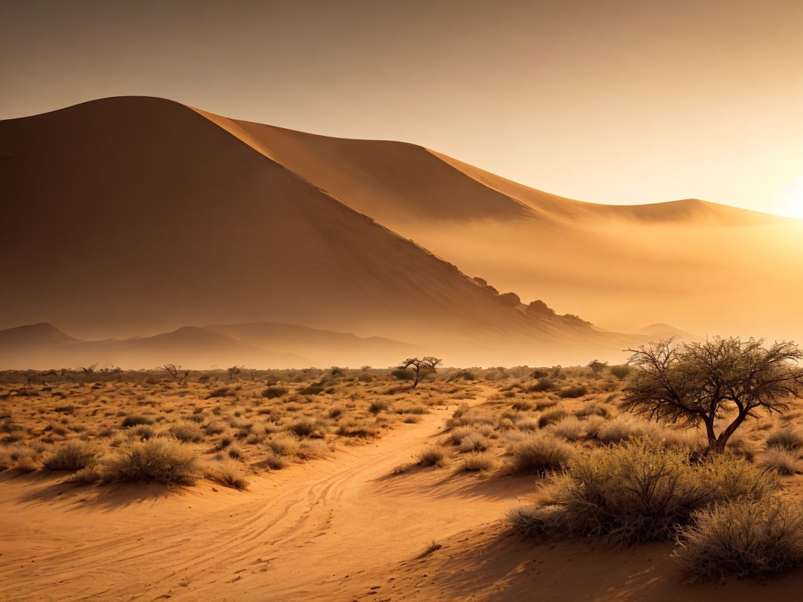 Desert Landscape with Sand Dunes and Sparse Vegetation
