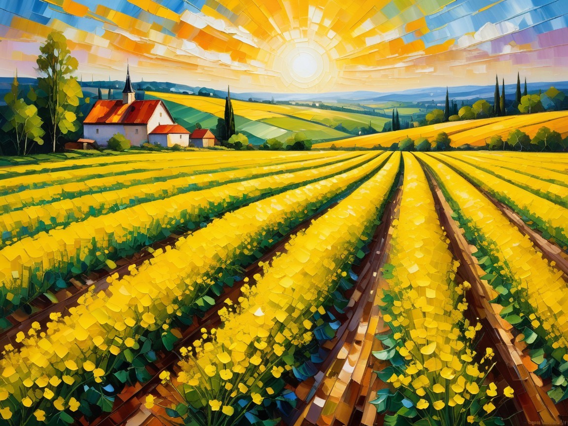 Vibrant Landscape with Yellow Flowers and Farmhouse