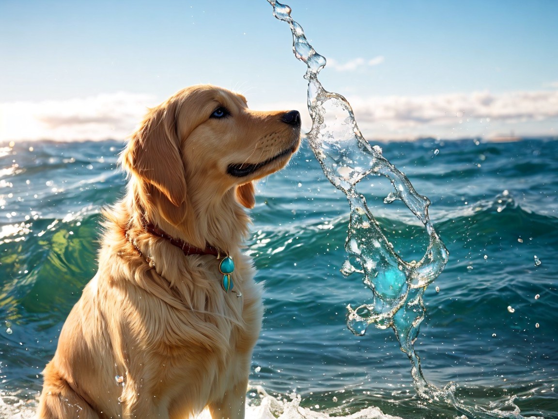 Golden Retriever by Sparkling Ocean with Waves