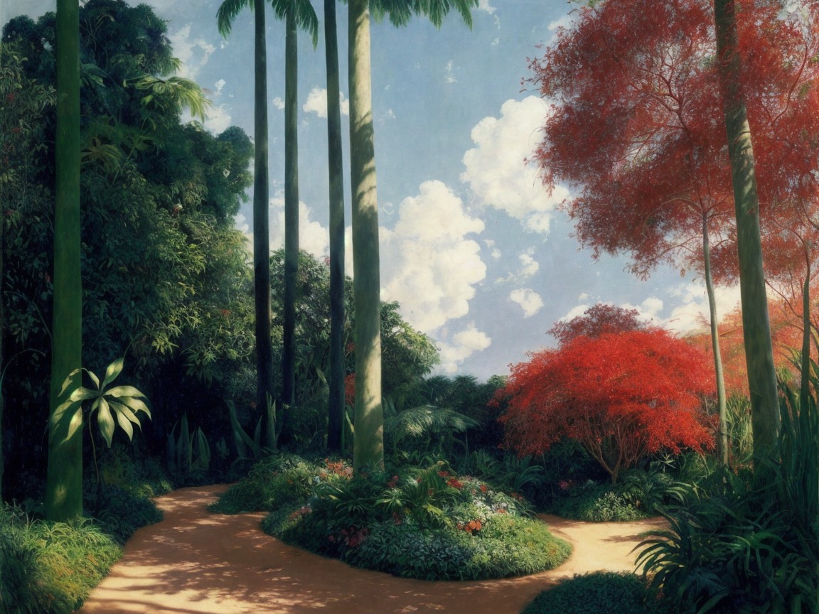 Serene Landscape with Palm Trees and Vibrant Shrubbery