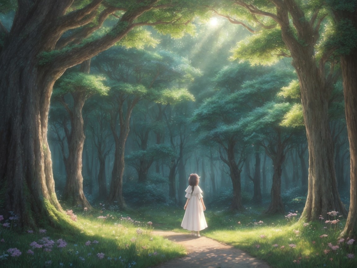 Serene Forest Scene with Young Girl in White Dress
