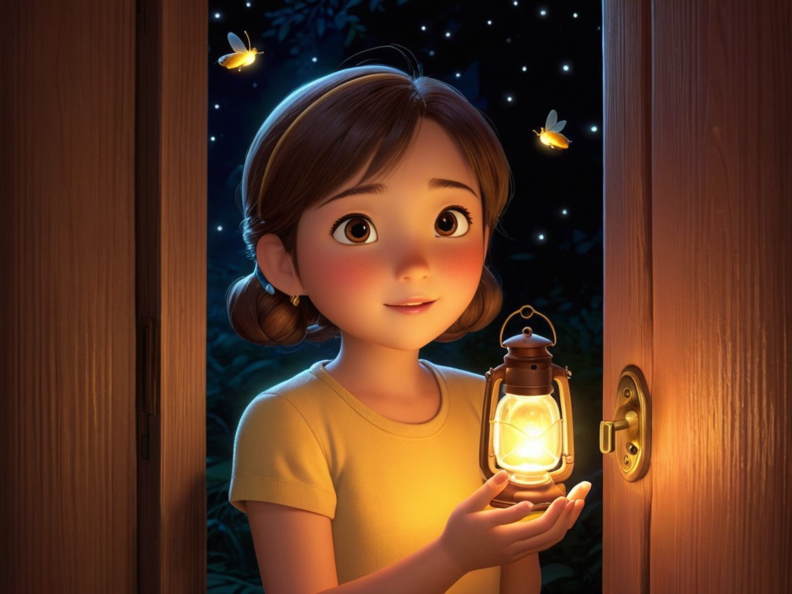 Young girl with lantern and fireflies in night scene