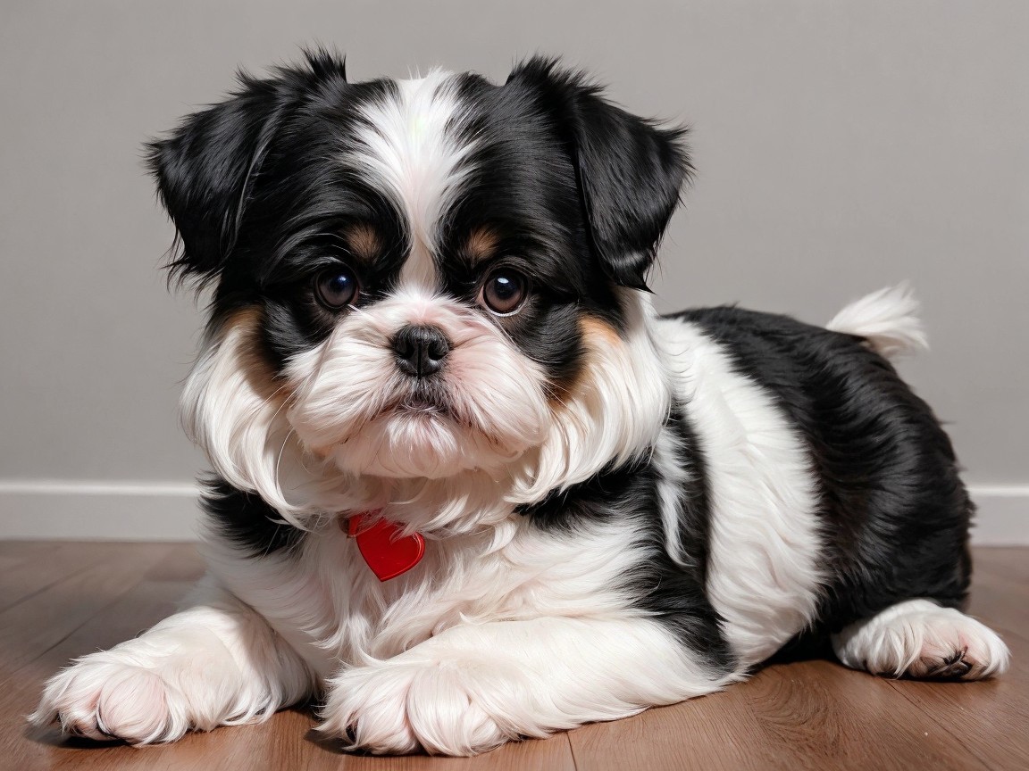 Cute Black and White Dog on Wooden Floor with Tag