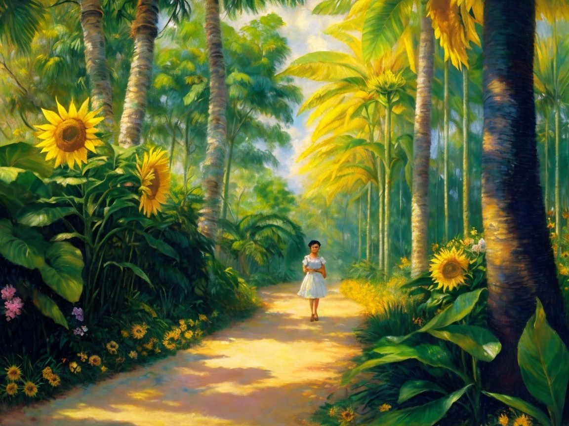 Young girl in white dress on sunlit dirt path