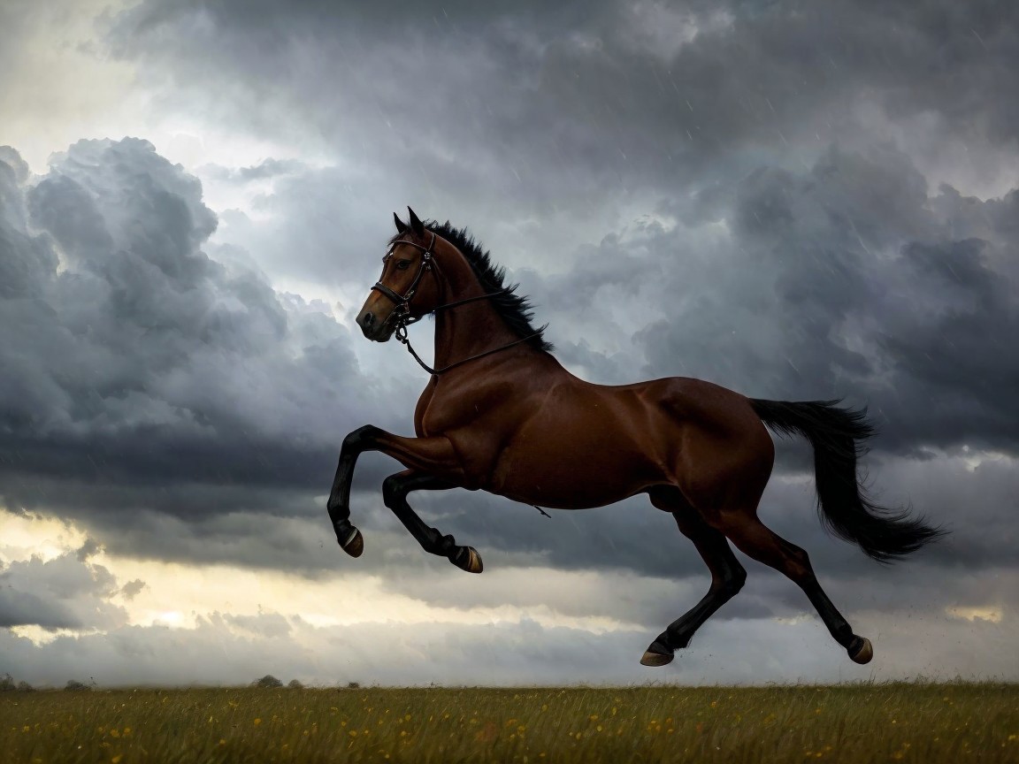 Brown horse galloping in a green field under clouds