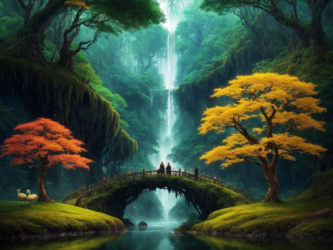 Enchanting Landscape with Waterfall and Autumn Colors