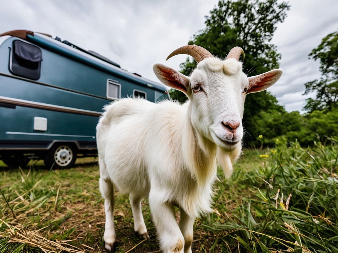 White Goat Near Vintage Blue Camper Van in Greenery