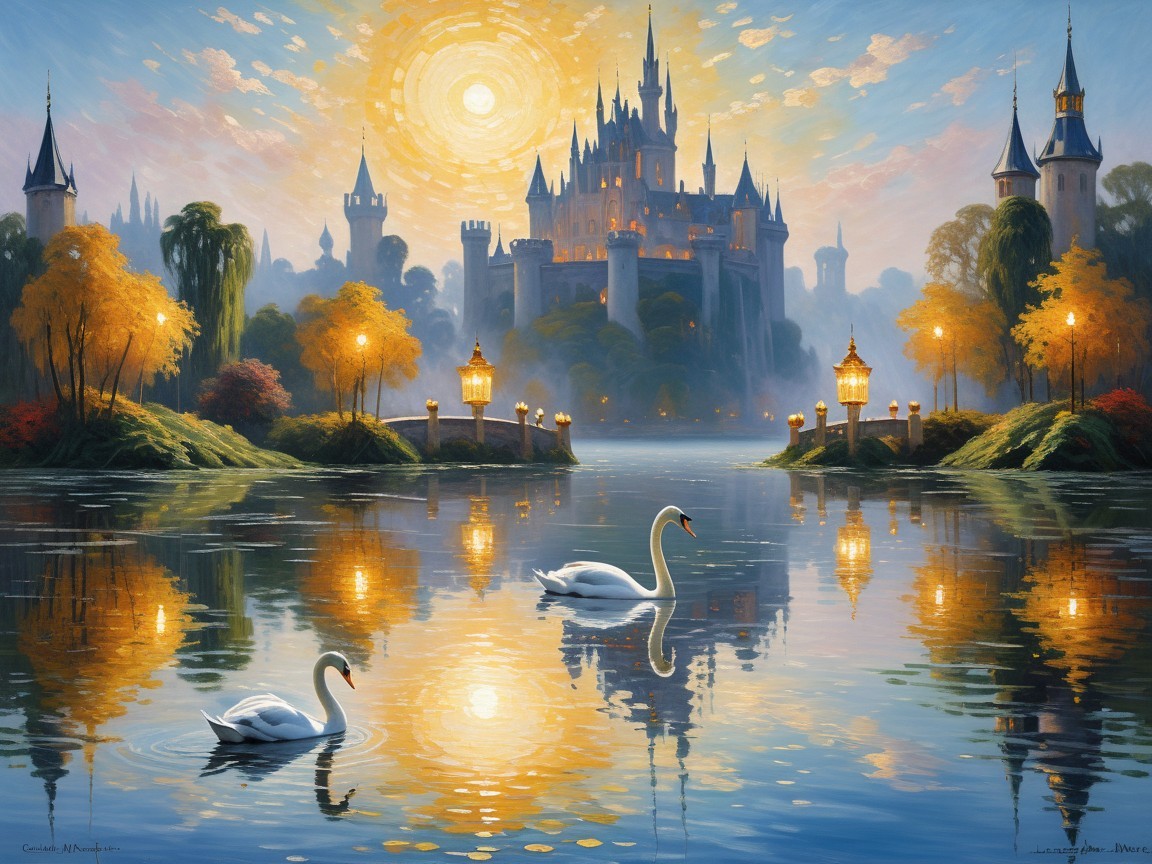 Majestic castle by tranquil lake at sunset