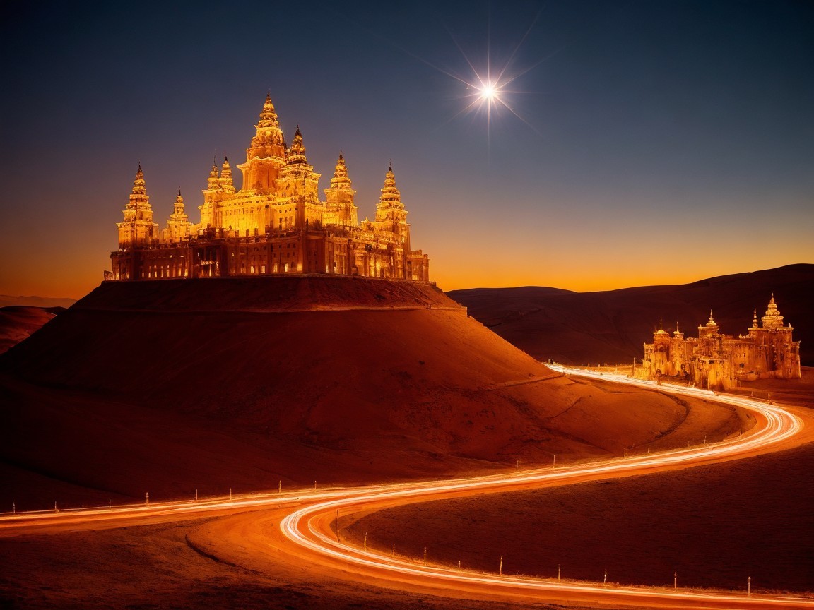 Castle on a Hill Under Twilight Sky and Crescent Moon