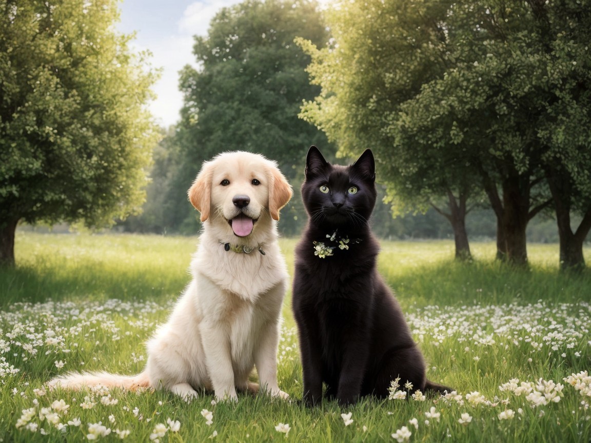 Golden Retriever Puppy and Black Cat in Meadow
