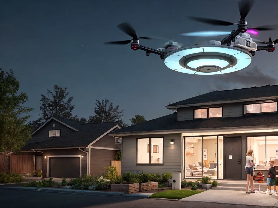 Modern Suburban Home with Drone at Night