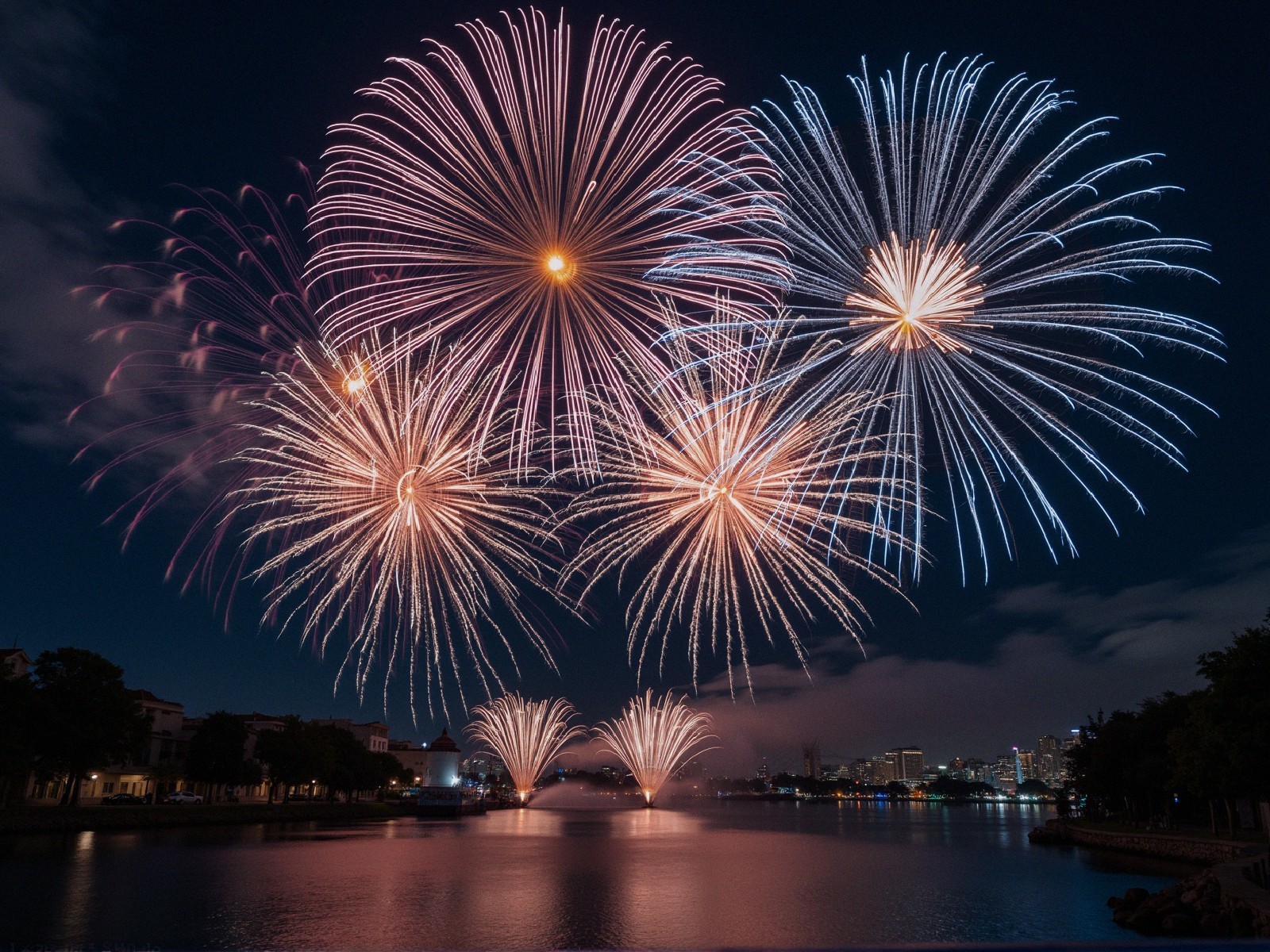 Long Exposure Photograph of Fireworks Over Water