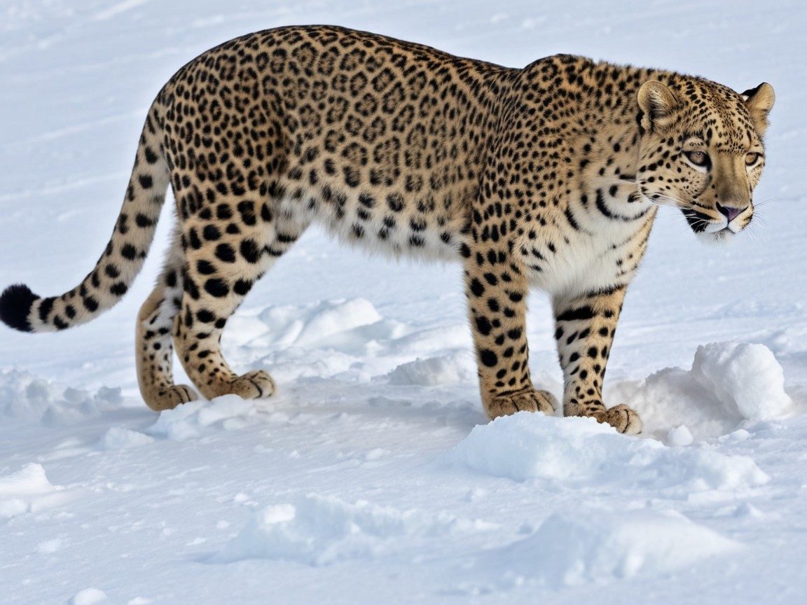 Leopard in Snowy Landscape with Black Rosettes