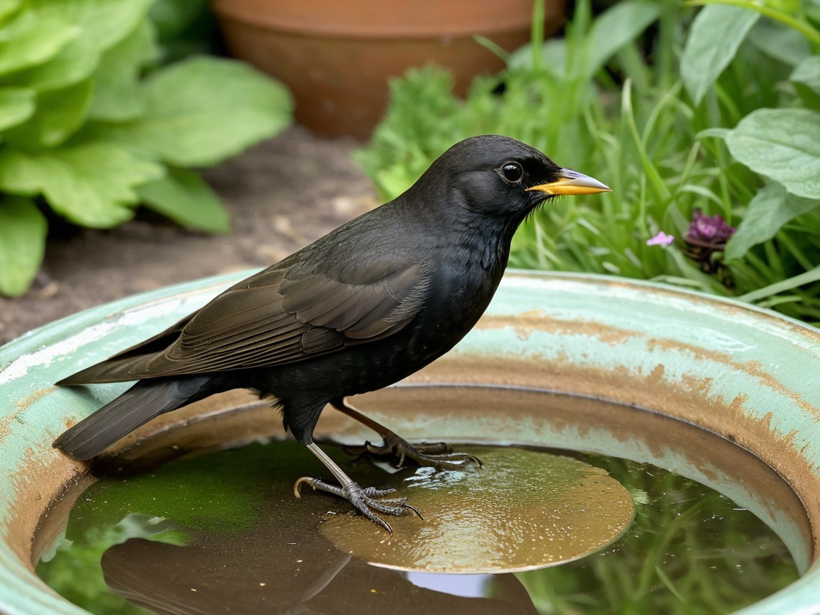 Black Bird by Water Dish in Lush Greenery Scene
