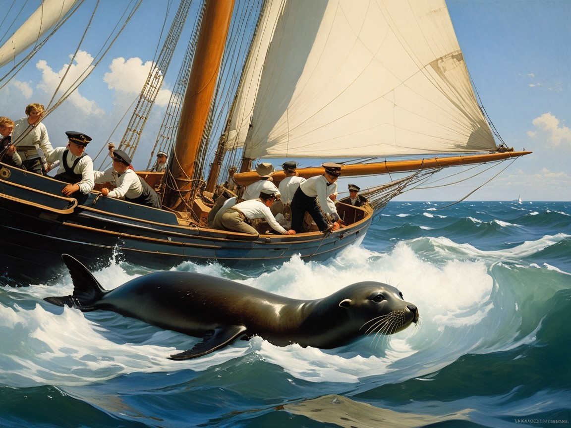 Sailing Ship with Crew and Sea Lion in Vibrant Waves