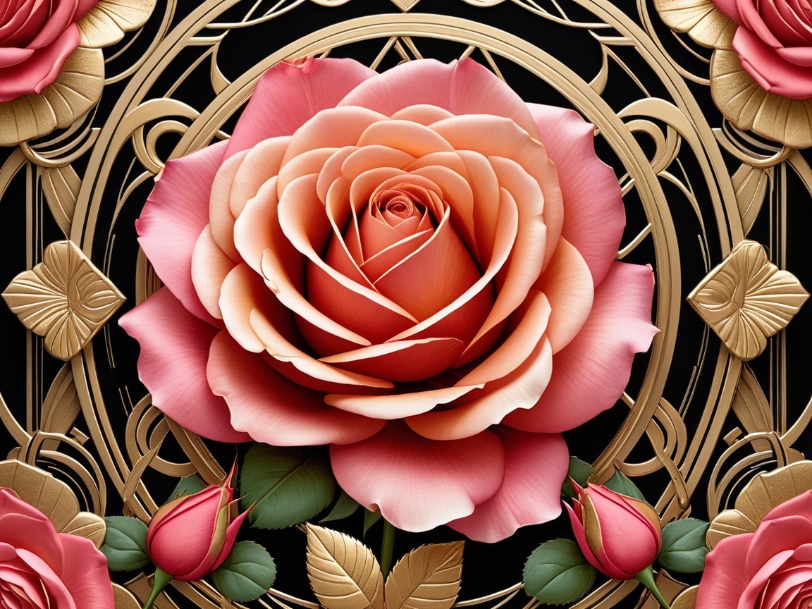Detailed Close-Up of a Multi-Toned Rose with Art Deco Background