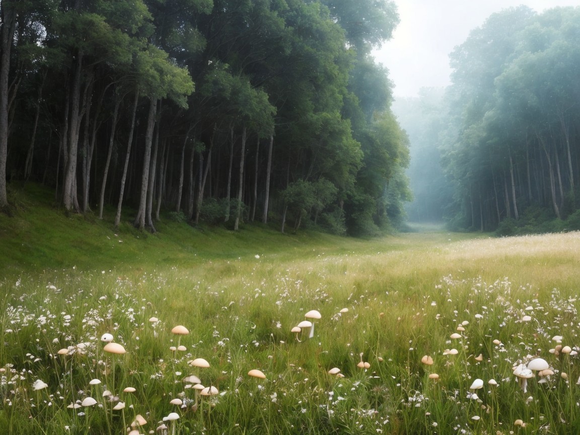 Tranquil forest scene with misty pathway and greenery