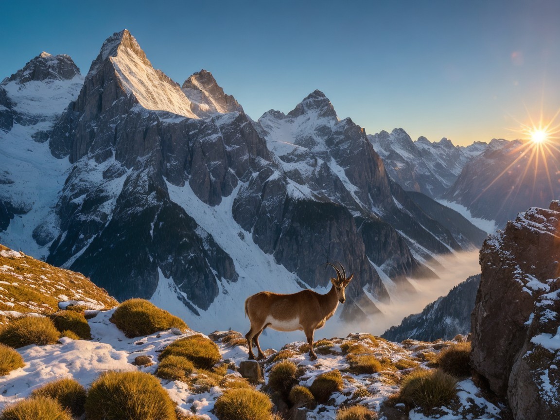 Serene Mountain Landscape with Snow-Capped Peaks