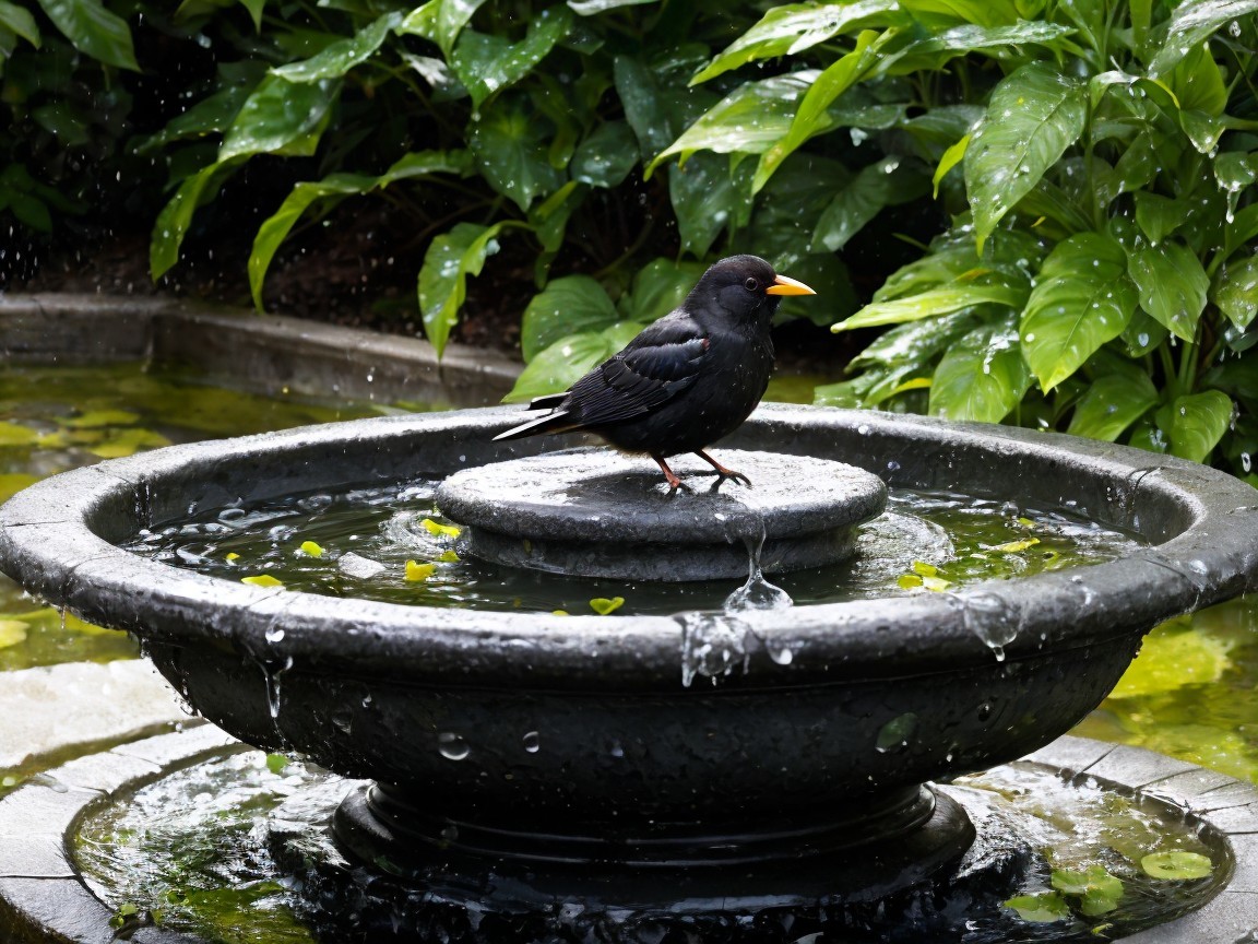 Black bird by stone fountain with reflecting water
