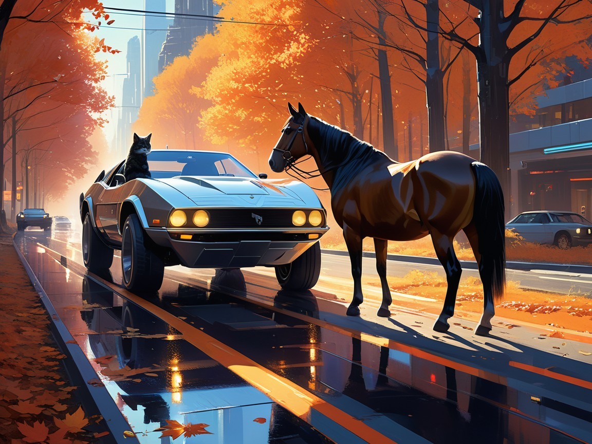 Autumn Street Scene with Vintage Car and Horse