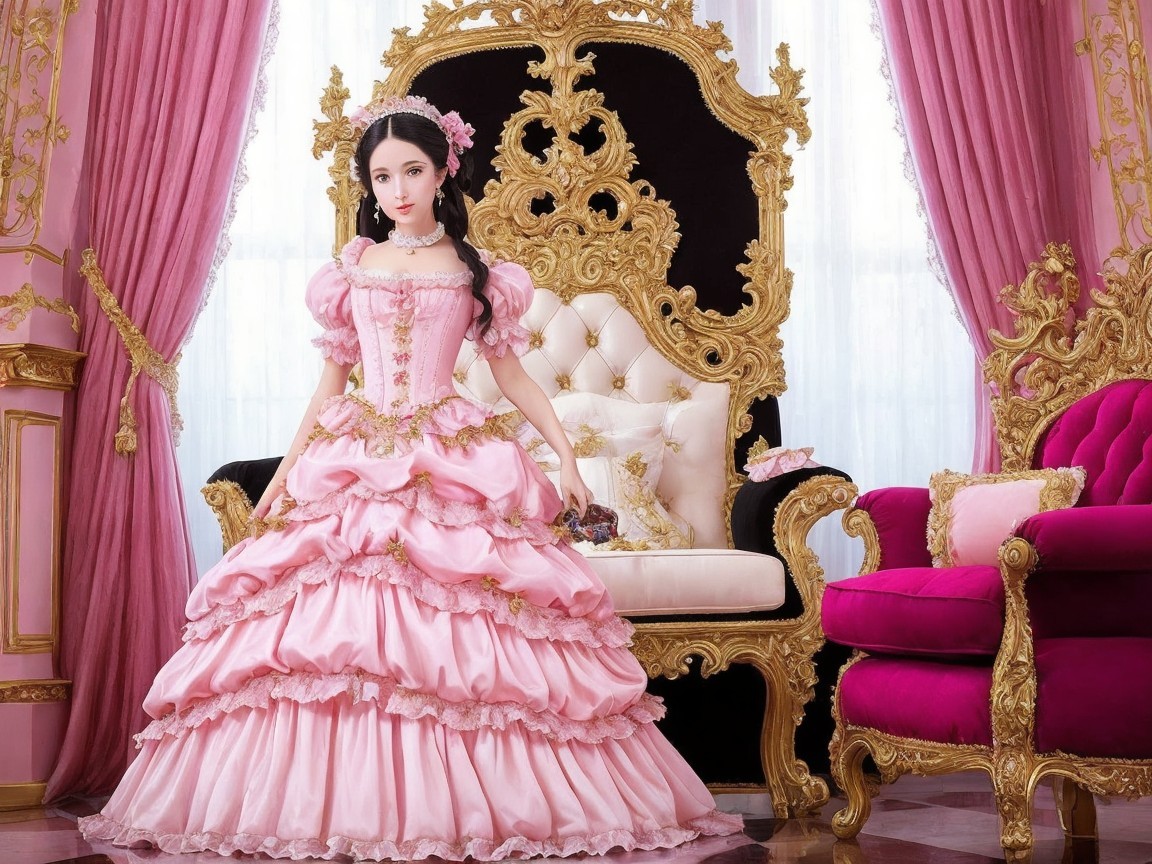Young woman in pink gown in opulent baroque room