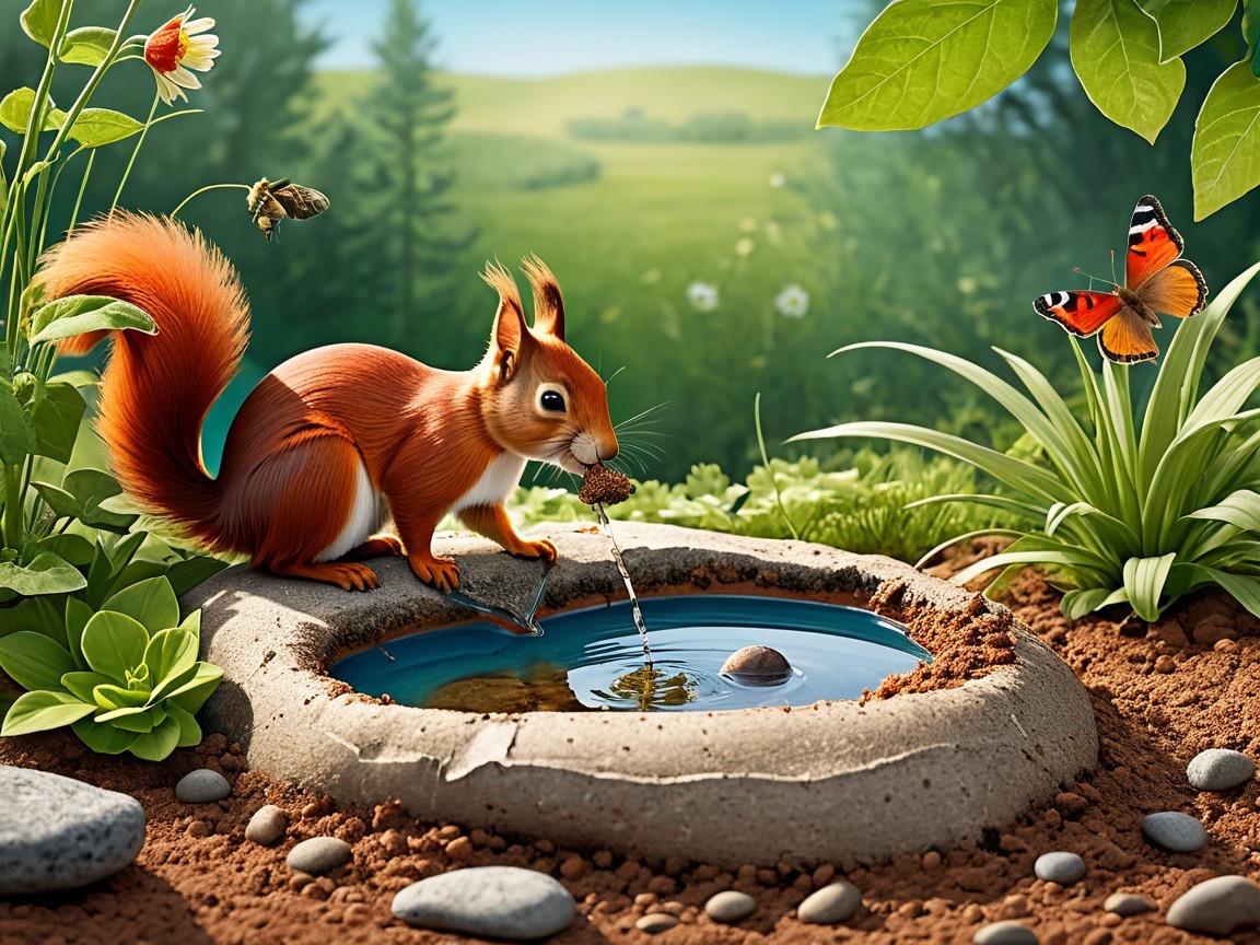 Red Squirrel Interacting with Pond in Sunlit Meadow