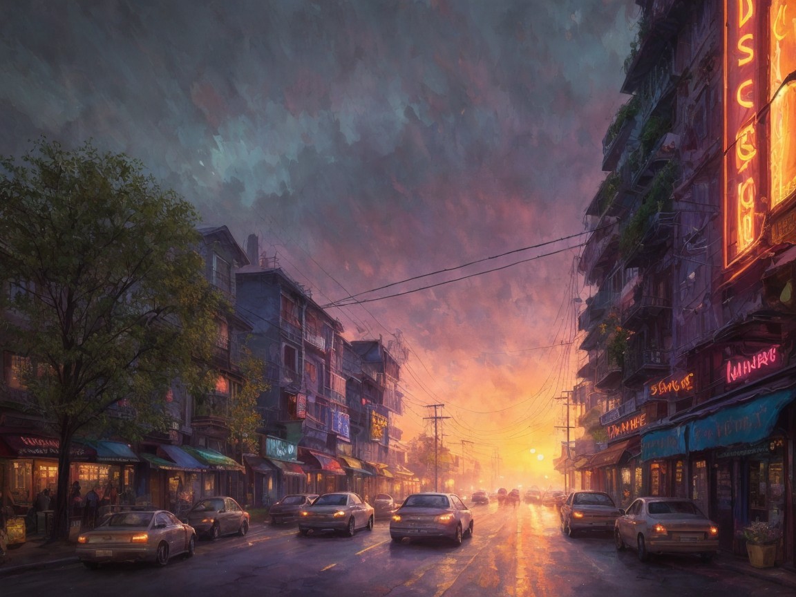 Vibrant City Street at Sunset with Shops and Cafes