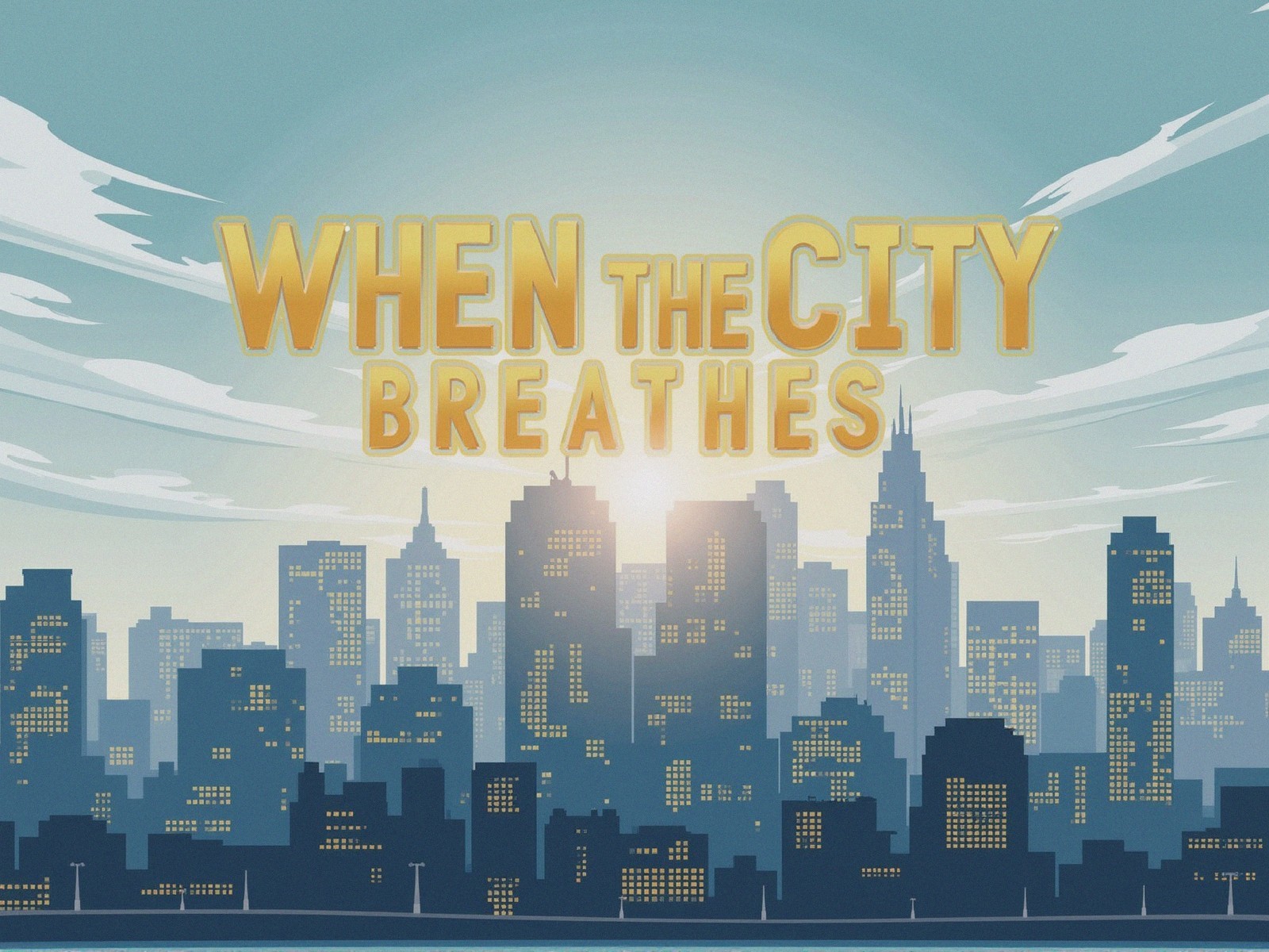 Stylized City Skyline with Sunrise and Gradient Sky