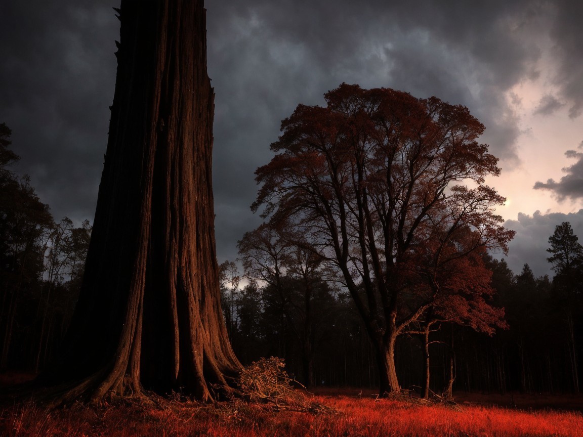 Majestic Trees Under Dramatic Sky and Golden Light