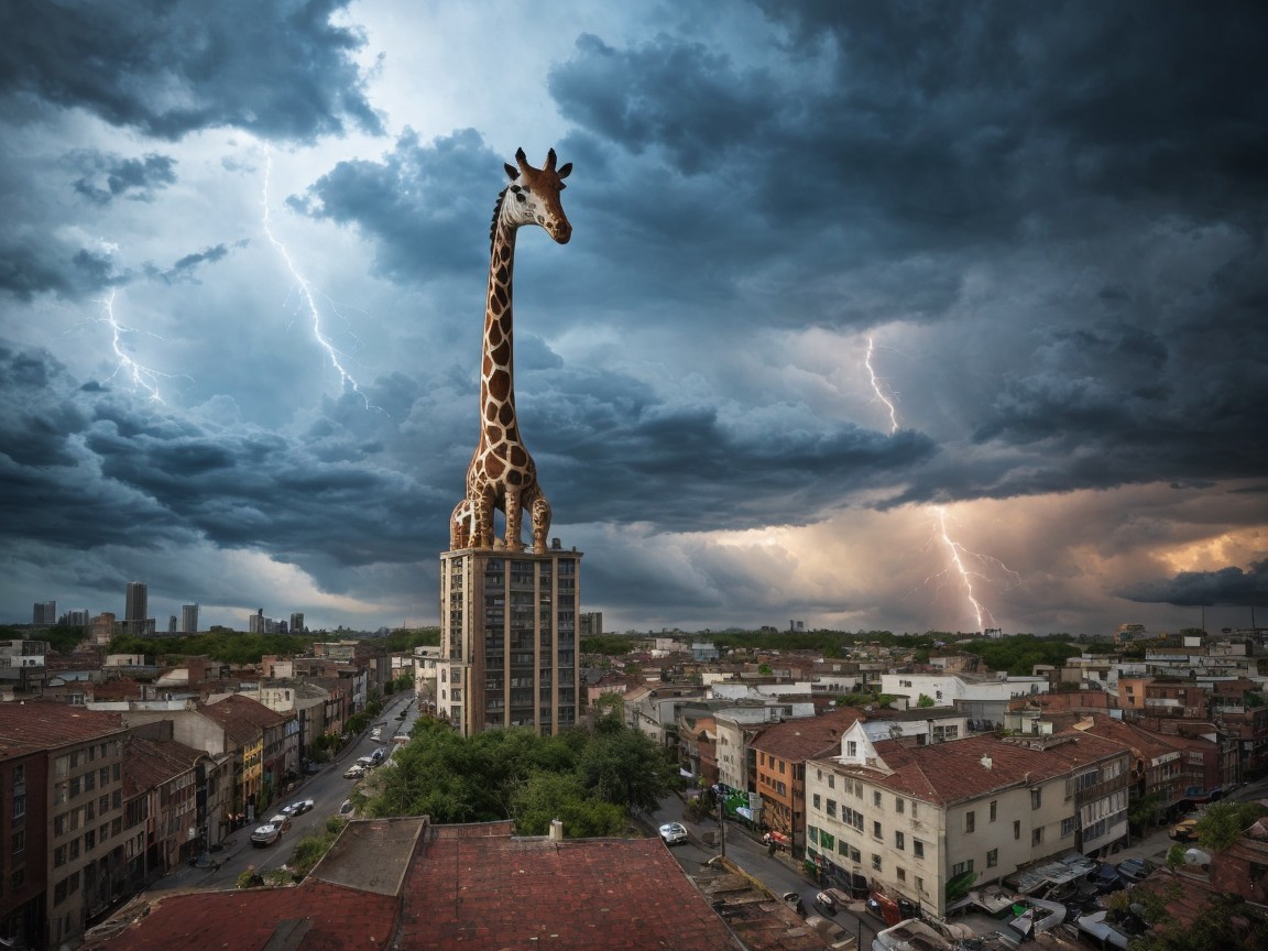 Giraffe Surrounded by Cityscape and Stormy Sky