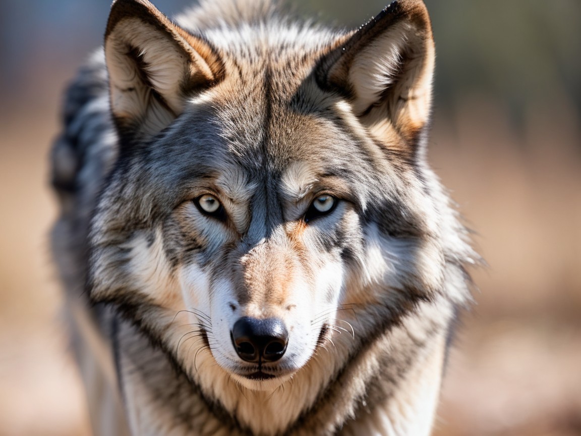 Majestic wolf in natural habitat with piercing blue eyes