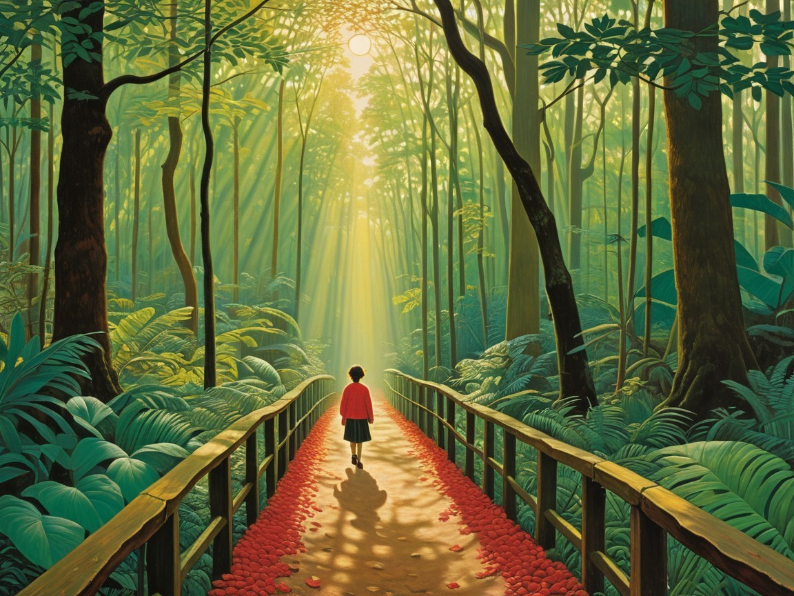 Child in red coat walking a forest pathway