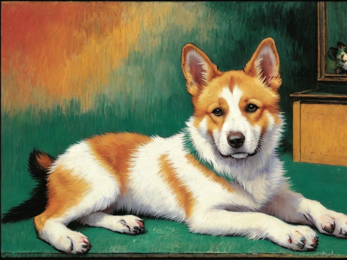 Corgi on Green Surface with Abstract Color Background