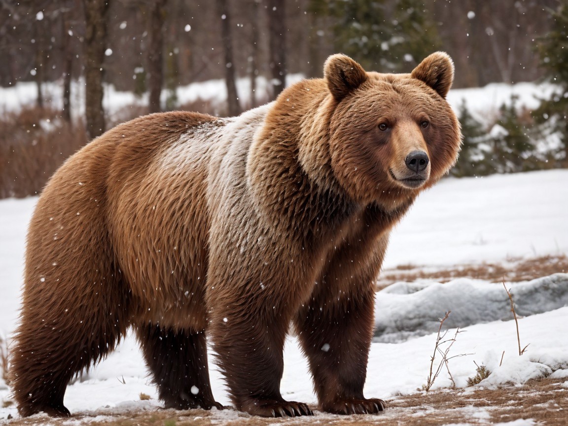 Brown Bear in Snowy Landscape with Falling Snowflakes
