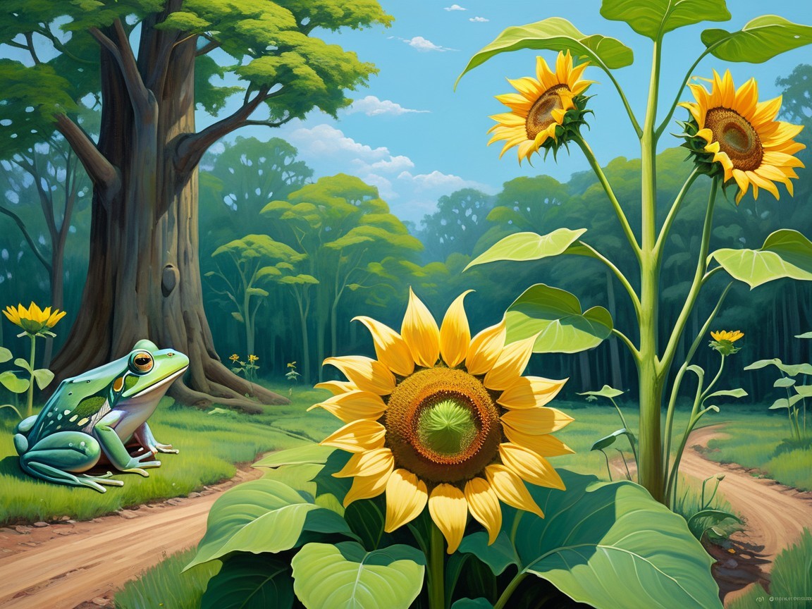 Vibrant Forest Scene with Frog and Sunflowers