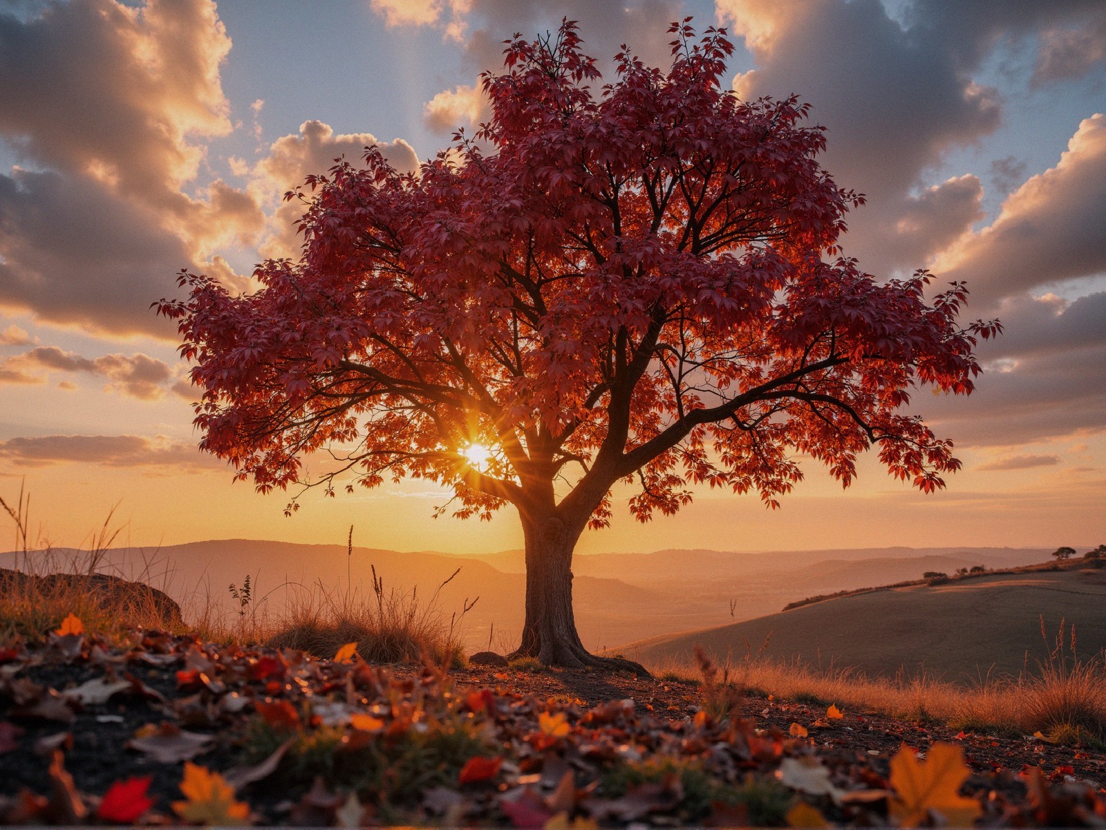 Vibrant Autumn Landscape with Majestic Red Tree