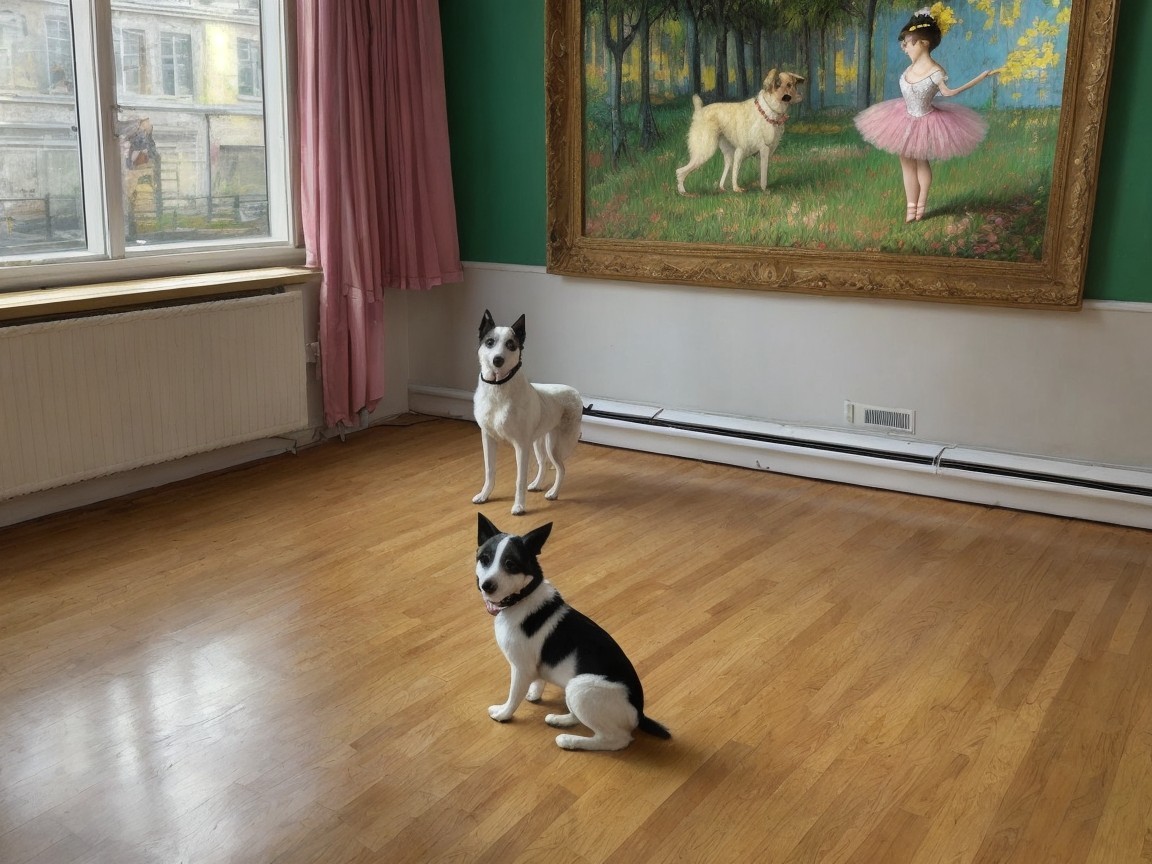 Dogs in a bright room with a large painting backdrop