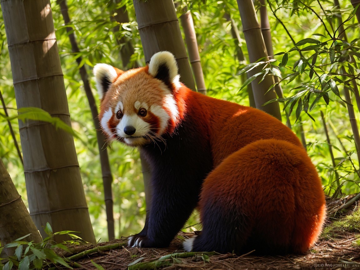 Red Panda Sitting in Bamboo Forest with Sunlight Highlights