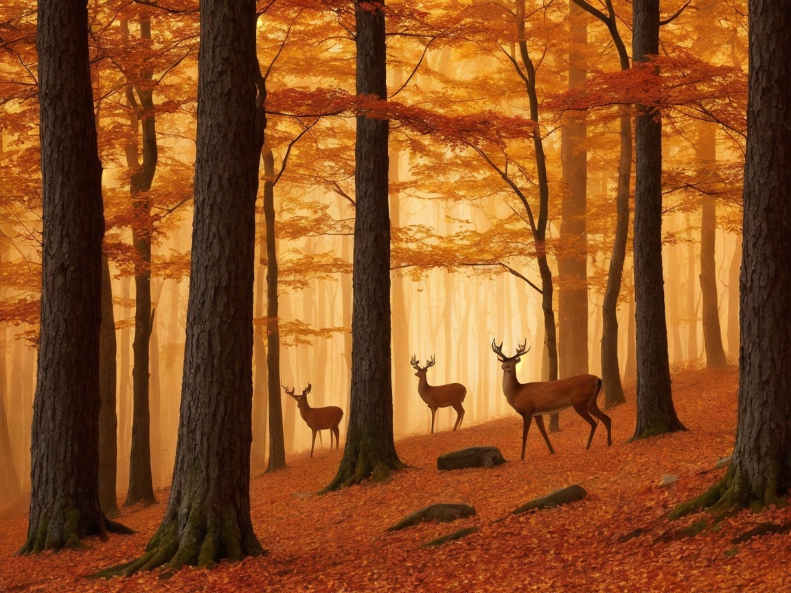 Autumn Forest Scene with Deer and Misty Ambiance