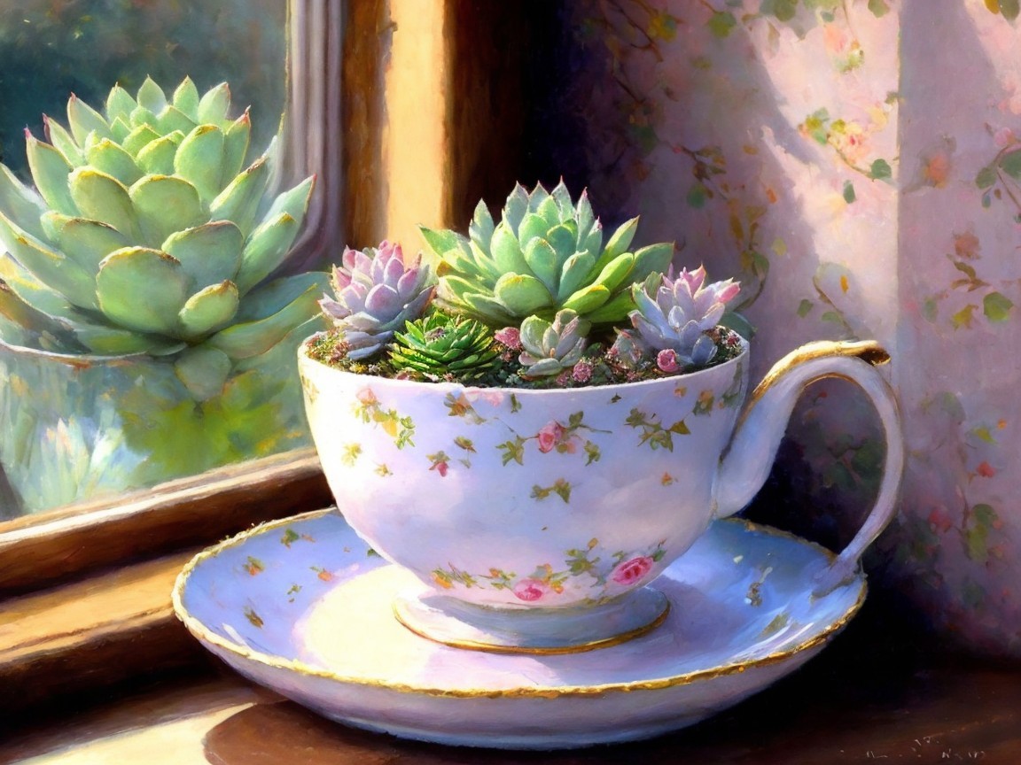 Porcelain Teacup with Succulents and Floral Patterns