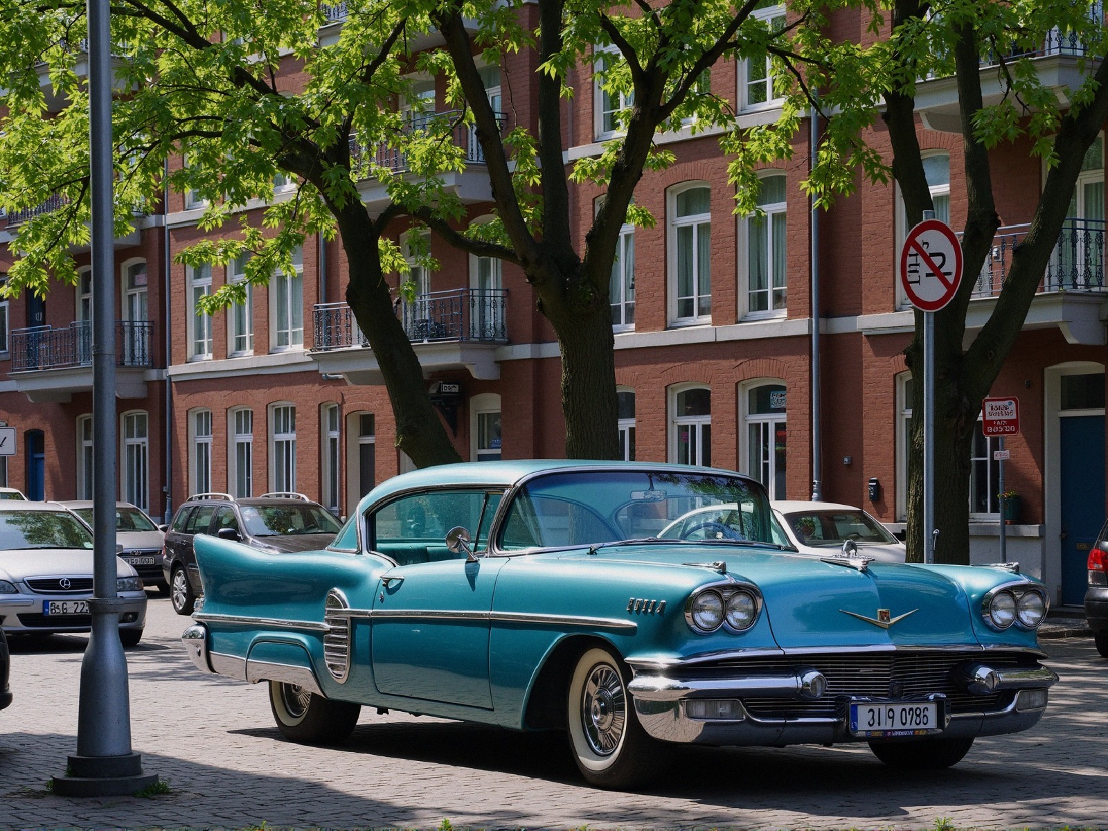 Vintage Turquoise Car on Tree-Lined Urban Street